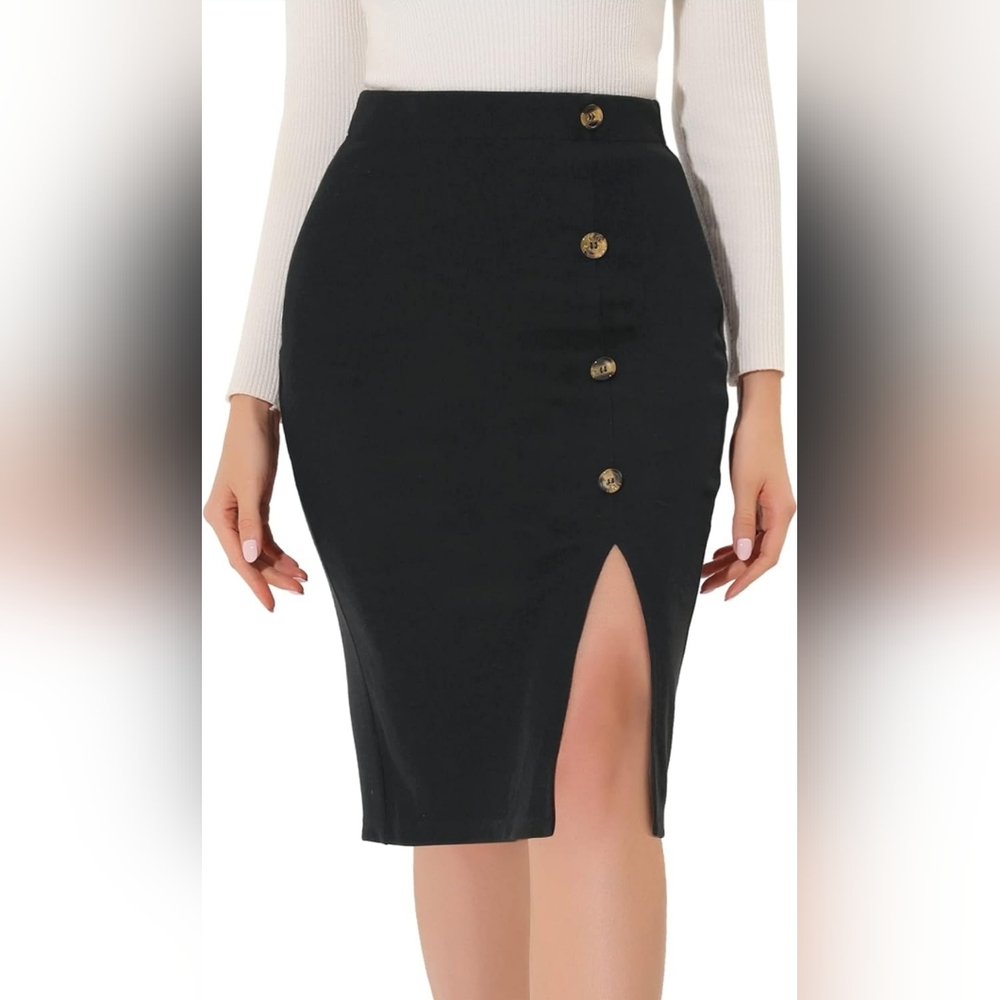 🆕️🏷 Allegra K Sweater Skirt Stretchy Split Ribbed/Knit Pencil - black - S